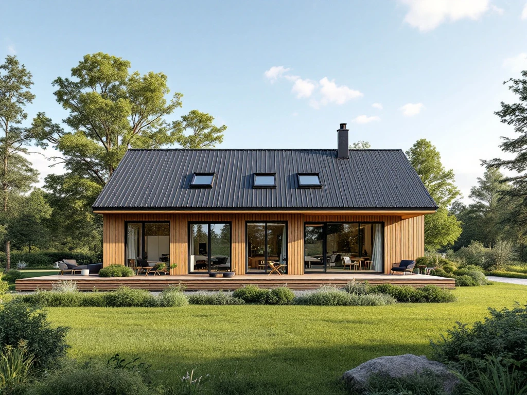 Ett modernt, energieffektivt trähus i skandinavisk stil med stora fönster, omgiven av grönska och blå himmel, visar Fabrikshus kvalitet.