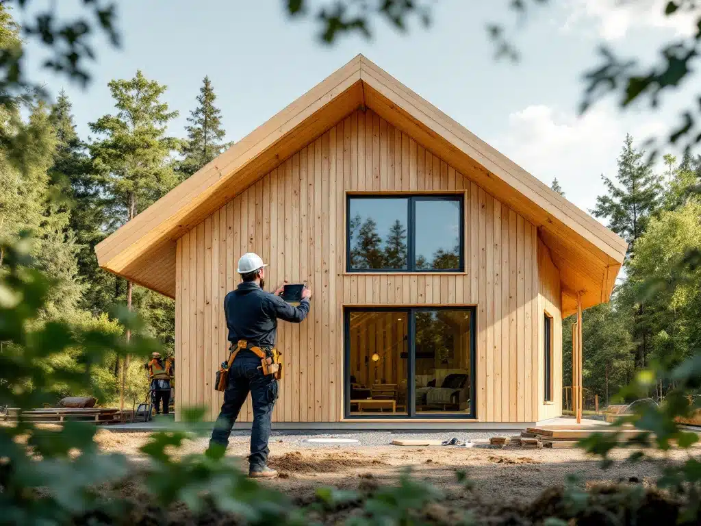 Byggarbetare inspekterar vägg på modern svensk trävilla under uppförande, omgiven av skog, symboliserande hållbarhet och kvalitet.