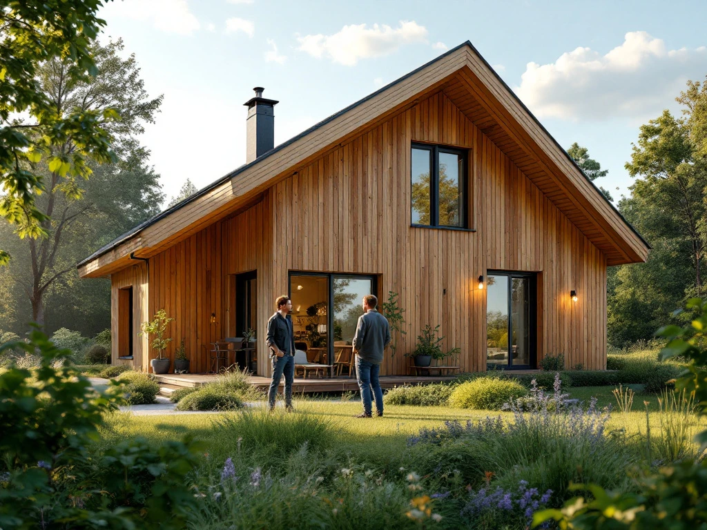 Ett modernt skandinaviskt trähus i grönska, med arkitekt och kund i samtal, symboliserar Fabrikshus' hållbara och personliga bygglösningar.