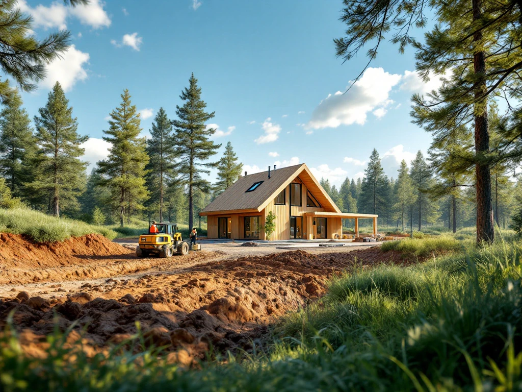 Svensk byggarbetsplats: arbetare bygger ett modernt trähus av Fabrikshus, omgivet av tallar och blå himmel, som symboliserar hållbarhet.