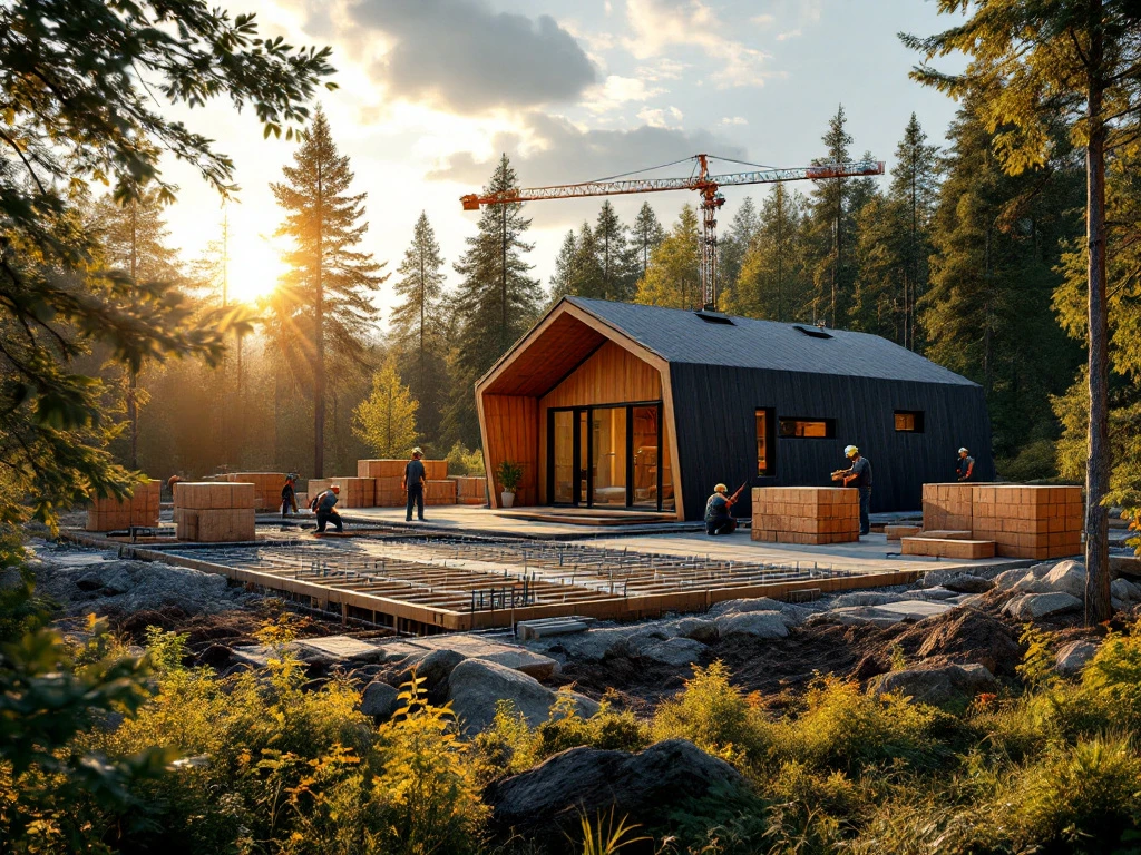 Modern träbyggarbetsplats i svensk skog vid soluppgång. Arbetare bygger ramverk, kran placerar träblock. Fabrikshus hållbarhet.