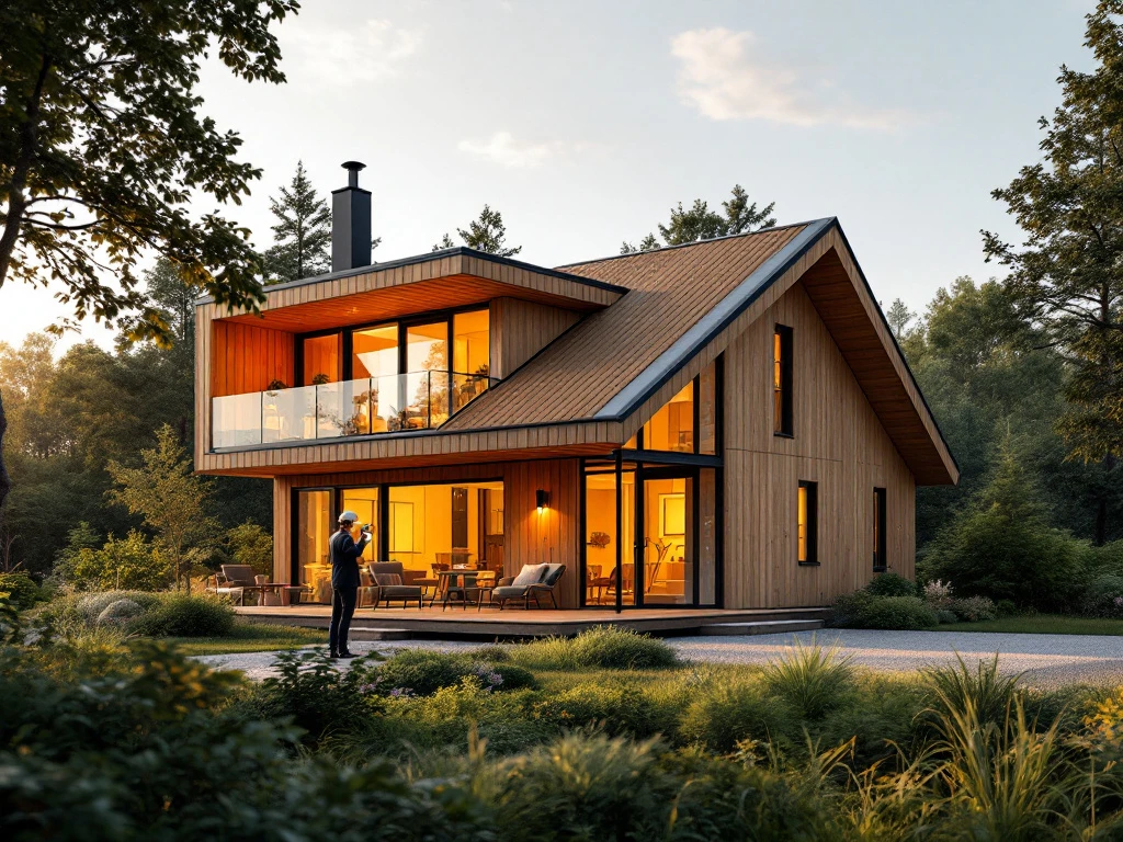 Ett modernt, skandinaviskt trähus i naturen vid solnedgång. En inspektör granskar huset, omgiven av grönska och klar himmel.
