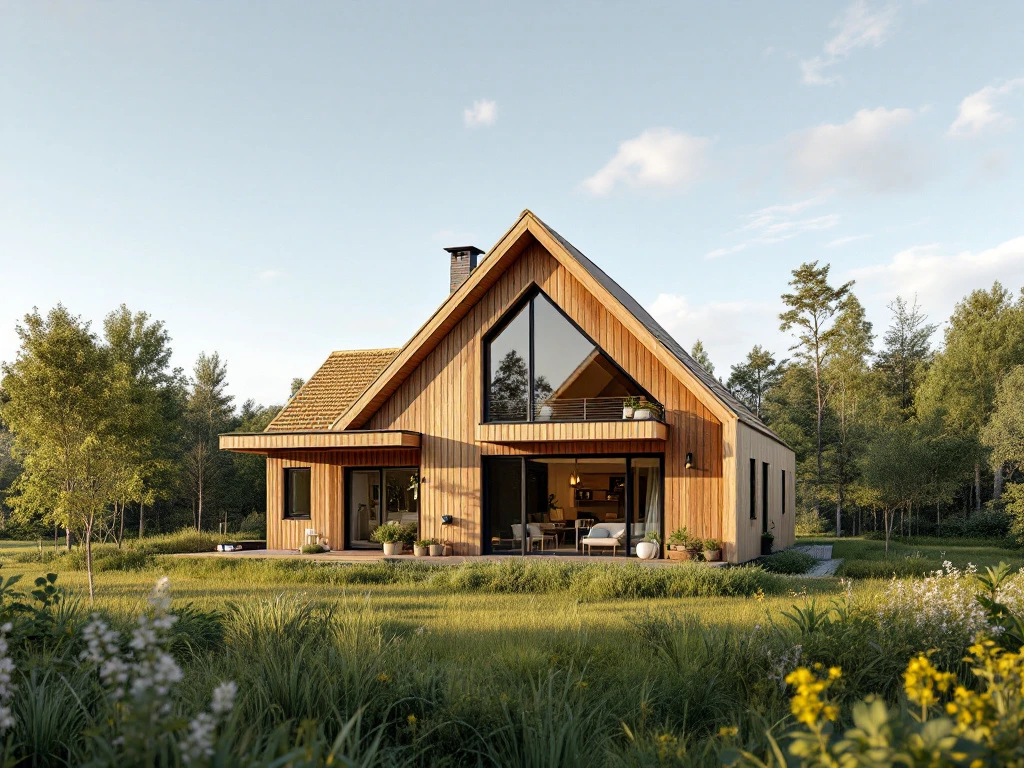 Ett modernt, energieffektivt trähus i nordisk miljö, omgiven av grönska och blå himmel, framhäver hållbarhet och svensk hantverksskicklighet.
