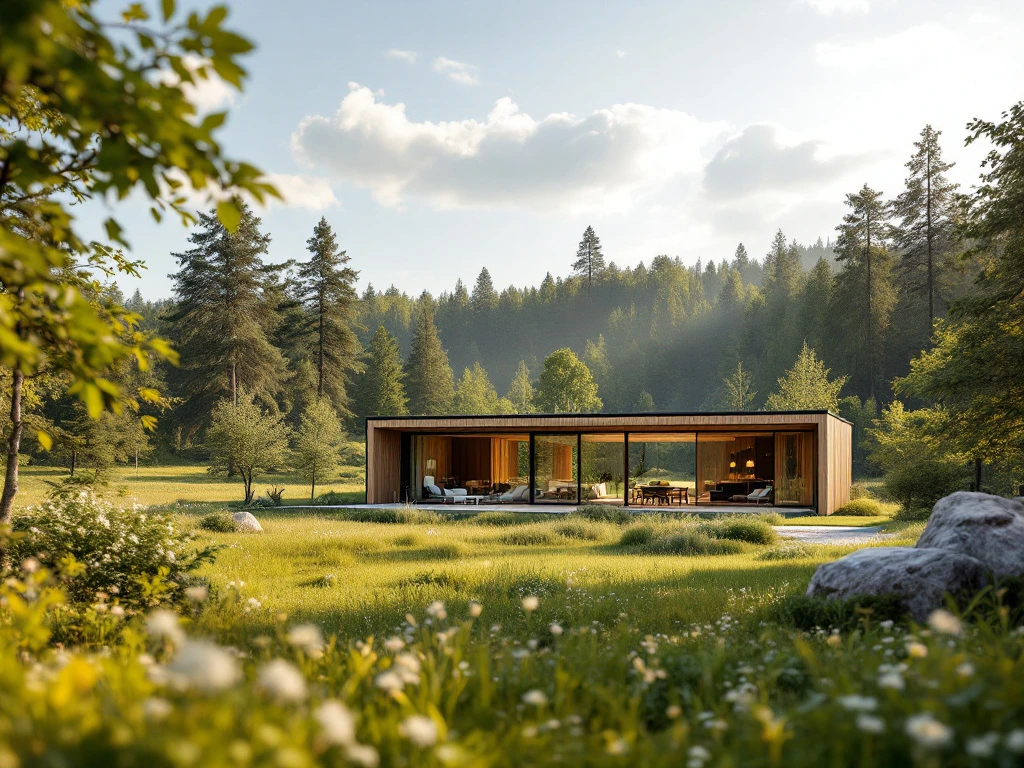 Ett modernt, energieffektivt trähus från Fabrikshus i en solbelyst, grönskande skandinavisk landskap med skog och stora fönster.