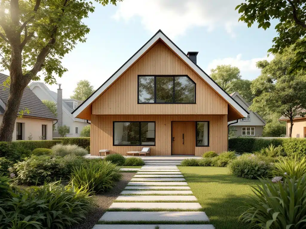 Ett modernt, energieffektivt trähus med skandinavisk design och stora fönster omges av en grön trädgård i ett soligt bostadsområde.