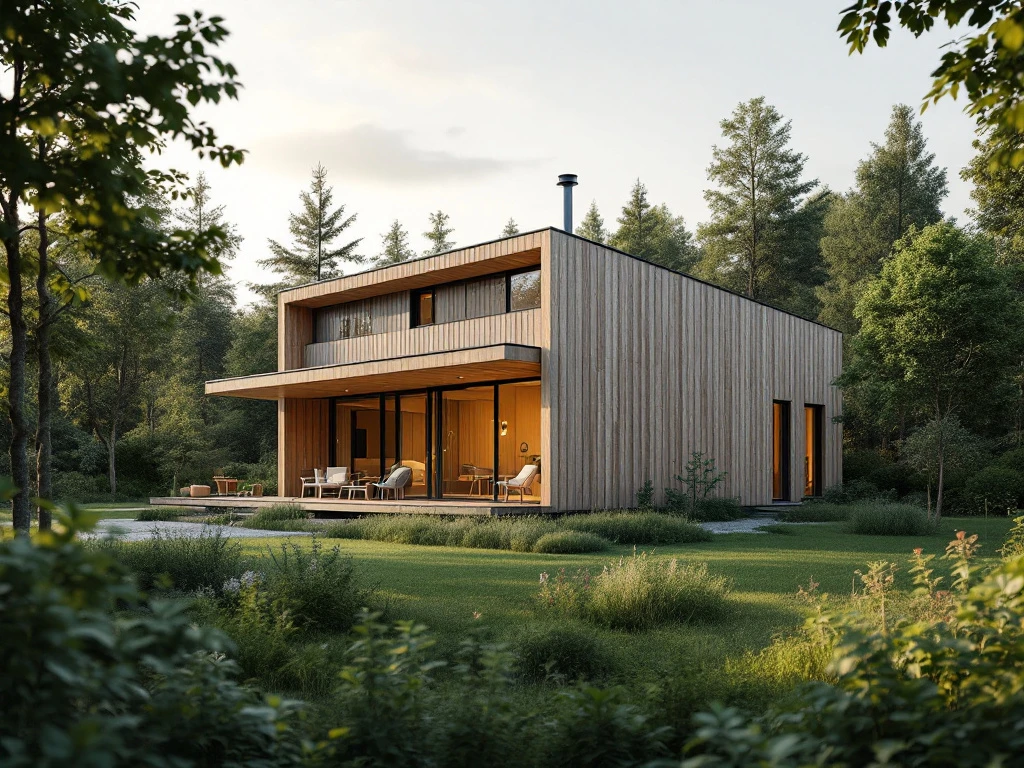 Ett modernt, energieffektivt trähus i svensk natur, omgiven av grönska, symboliserar hållbarhet och Fabrikshus's kvalitet.