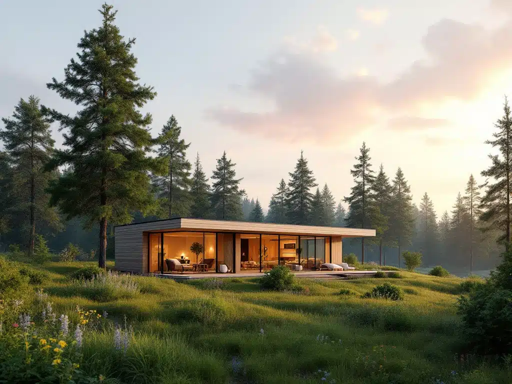 En modern trävilla vid gryning i skandinavisk natur, omgiven av tallar och vilda blommor, med stora glasfönster och hållbar design.