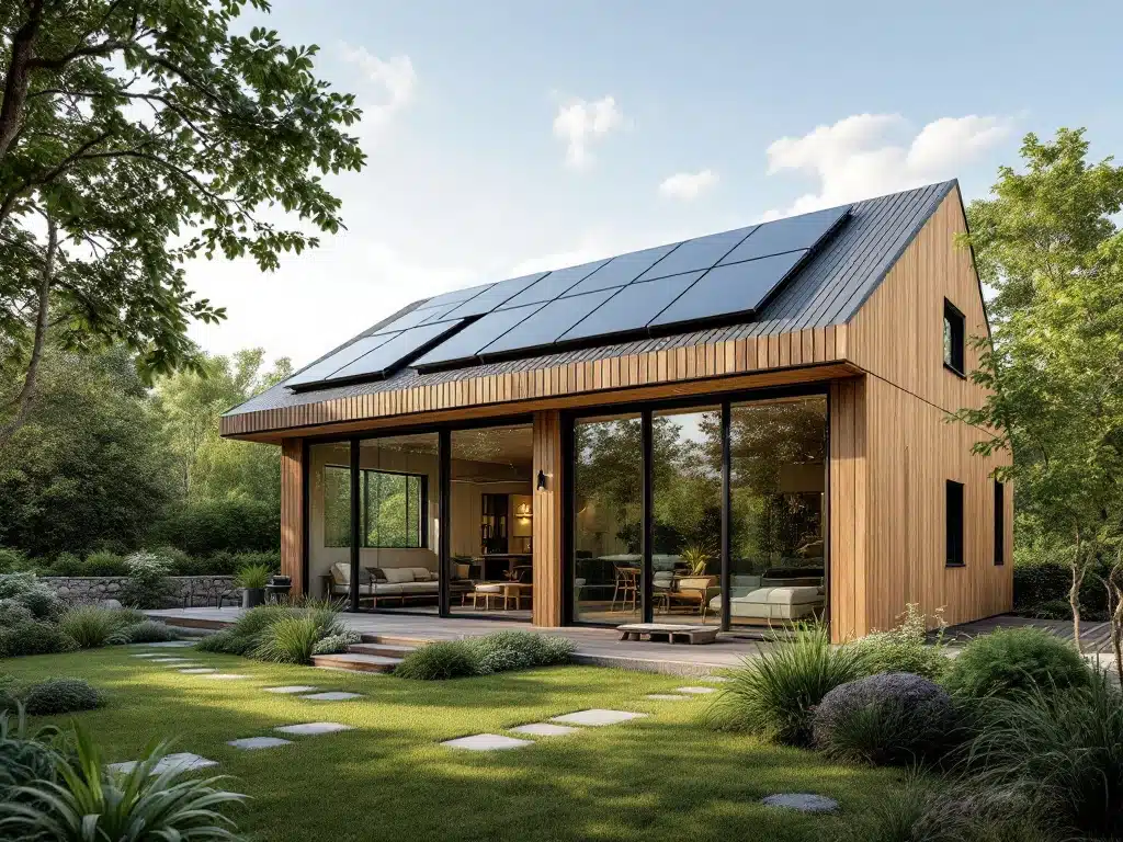 Ett modernt, skandinaviskt hus med solpaneler, stora glasfönster och träfasad, omgivet av hållbar grönska och naturstenar.