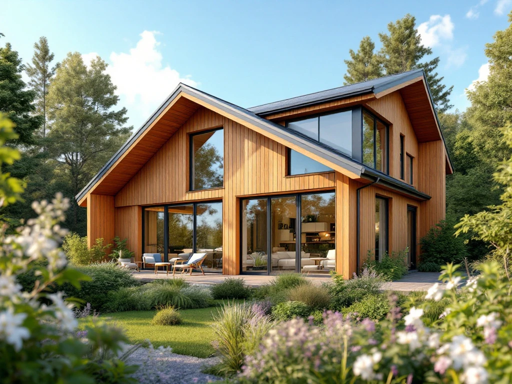 Modernt skandinaviskt trähus med stora glasfönster, omgivet av lummig grönska och svensk trädgård under klarblå himmel.