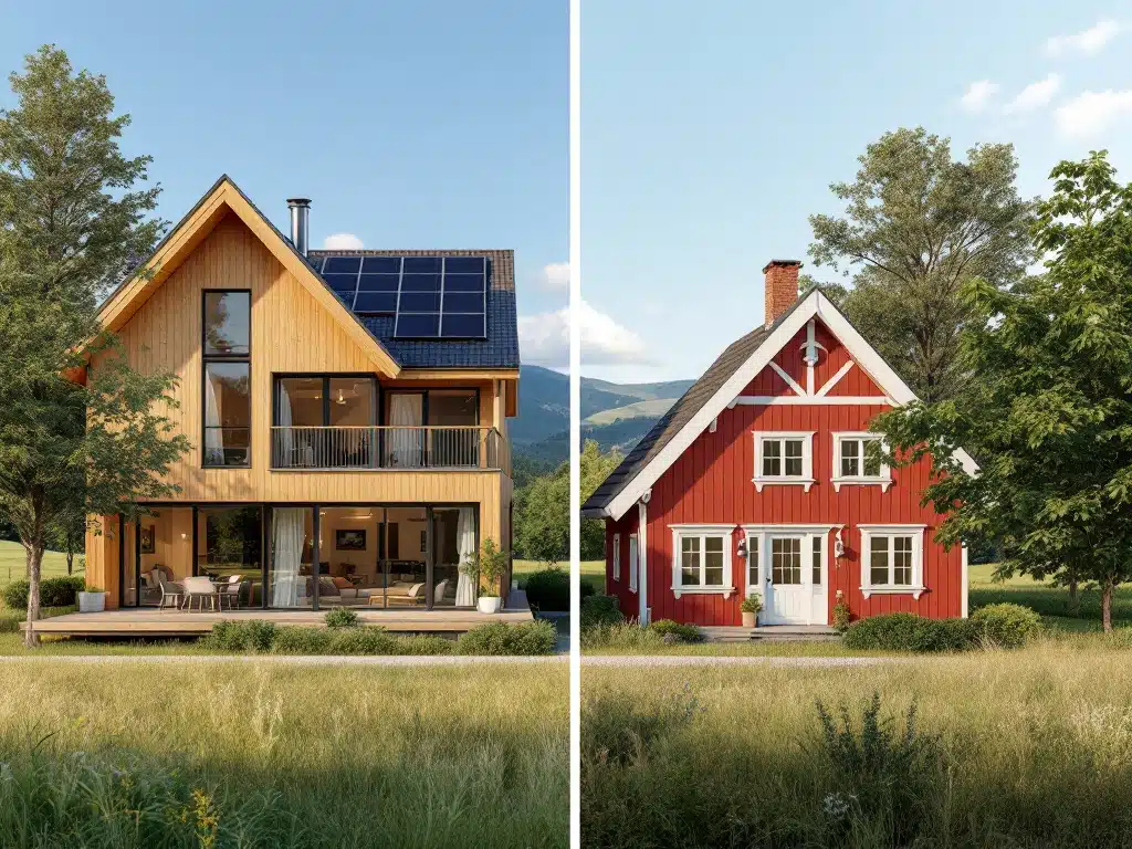 Två hus sida vid sida: ett modernt, miljövänligt trähus och ett traditionellt rött svenskt hus, mot en idyllisk svensk landskap.