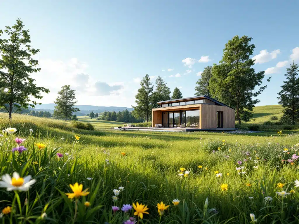 Svensk landsbygd med en modern Fabrikshus-trävilla, omgiven av grönska och blommor, under en klarblå himmel. Harmonisk och hållbar miljö.