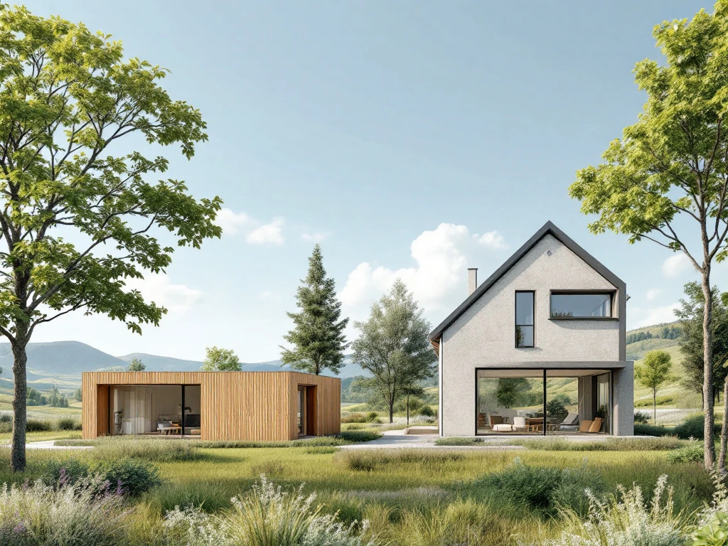En fotorealistisk skandinavisk landskap med tre hus: trä, sten och betong, omgivna av grönska och mjukt naturljus.