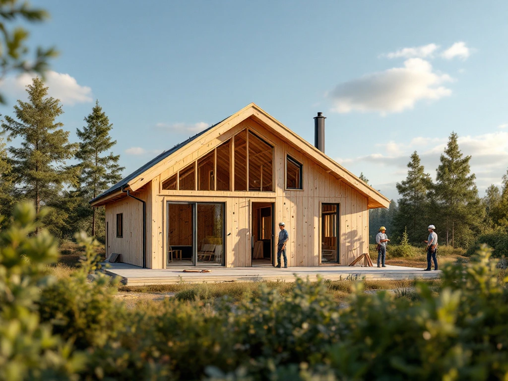 En modern, energieffektiv träbyggnad under konstruktion i svensk natur, med arbetare och fokus på hållbarhet och hantverk.