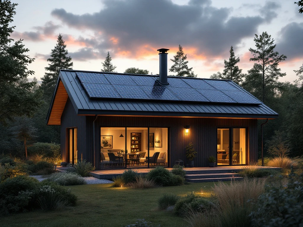 Modern energieffektiv trähusvilla med solpaneler i solnedgångsljus, stora fönster, laddstation för elbil och värmepump som visar nordisk miljömedveten design.